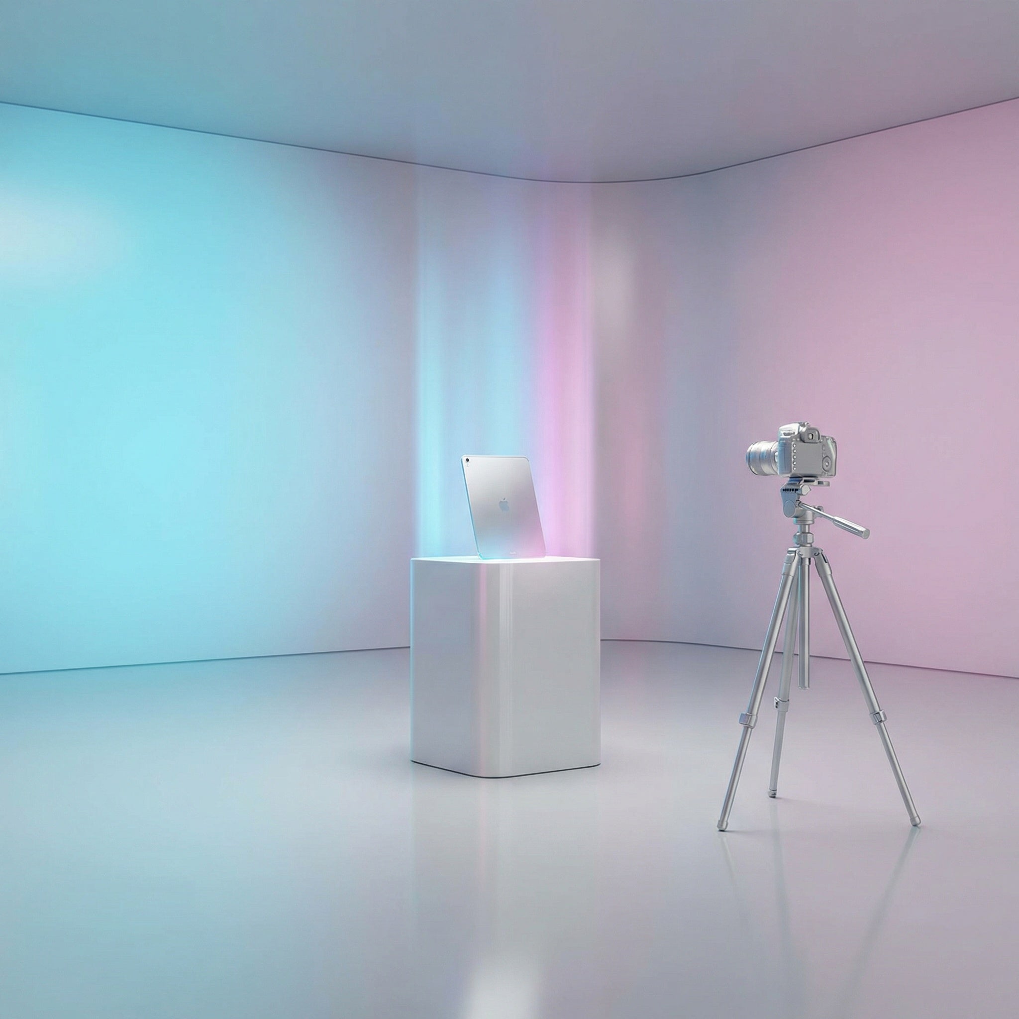 Camera on a tripod with a smartphone on a white pedestal against a gradient wall.